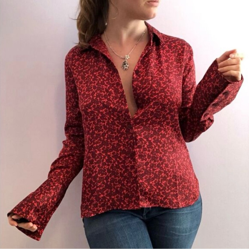 EQUIPMENT Button‎ Down Shirt Huntley 70s Floral Collared Blouse Red Size S/P